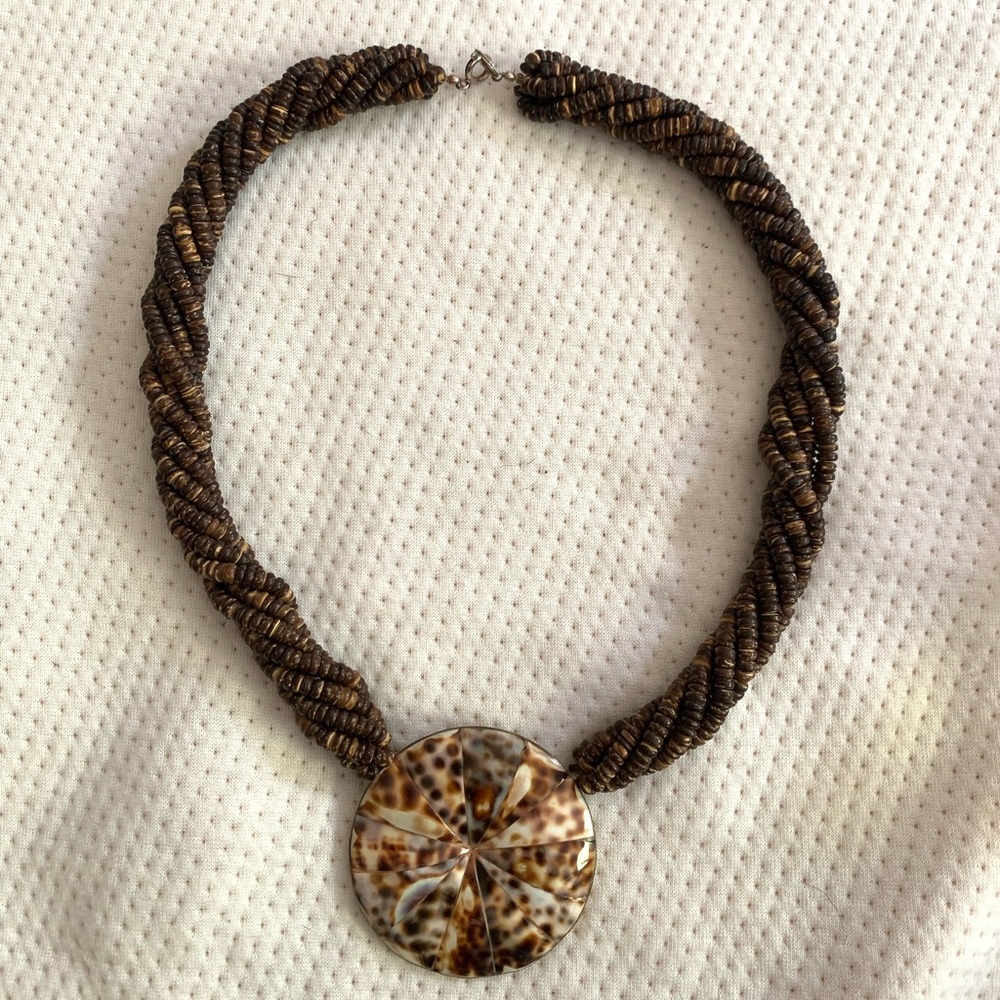 Boho wooden disk w/ cowrie shell Necklace